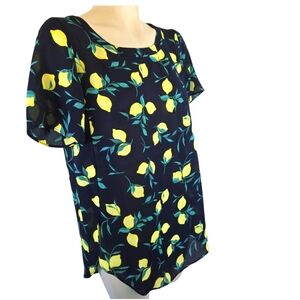 BANANA REPUBLIC Lemon Print Short Sleeve Blouse Navy Yellow Flowy X Small New‎